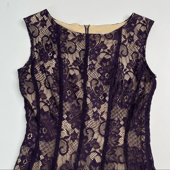 CB Plum Purple Lace Overlay Nude Lining Sleeveless Fancy Fit & Flare Short Dress - Picture 5 of 12